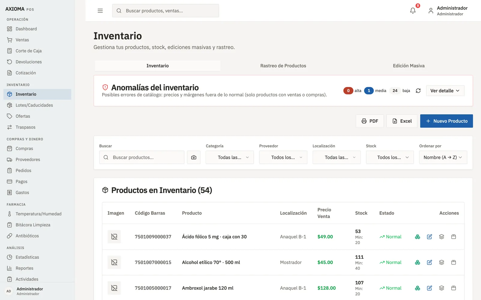 Pantalla de inventario