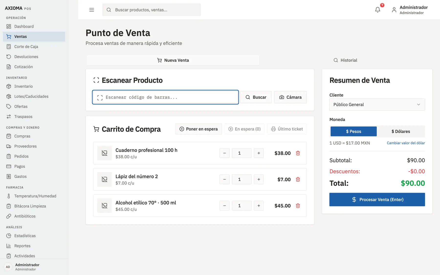 Punto de venta de AXIOMA POS con un carrito de tres productos y el resumen de la venta